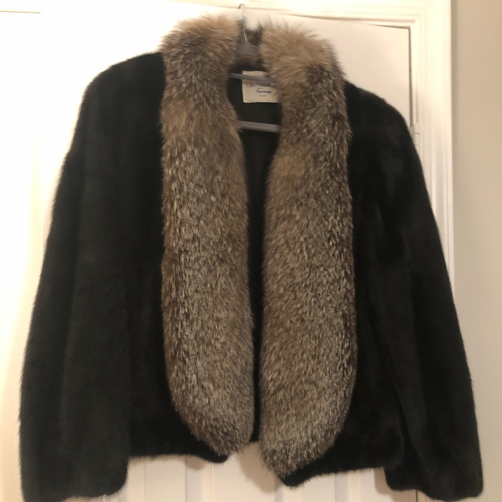 Mink black real fur coat with silver fox